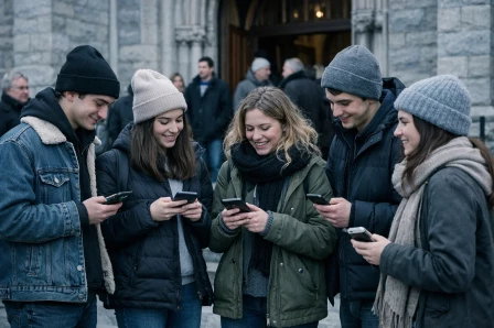 Jeunes discutant devant une église après un office